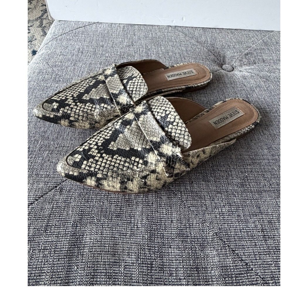Steve Madden Flavor Snakeskin Mules Pointed Toe Loafer Flats Grey Black Size 9M